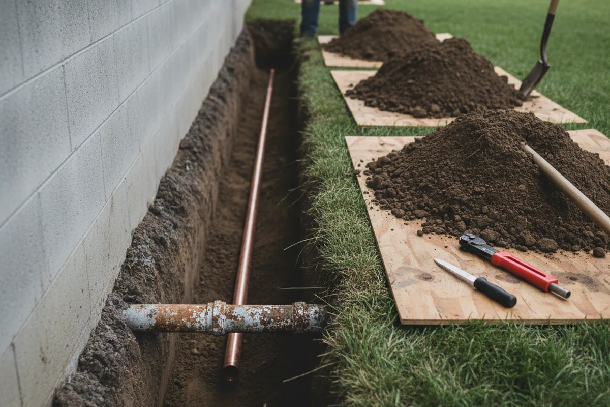 Excavated water line trench during Water Softener Installation in Venice